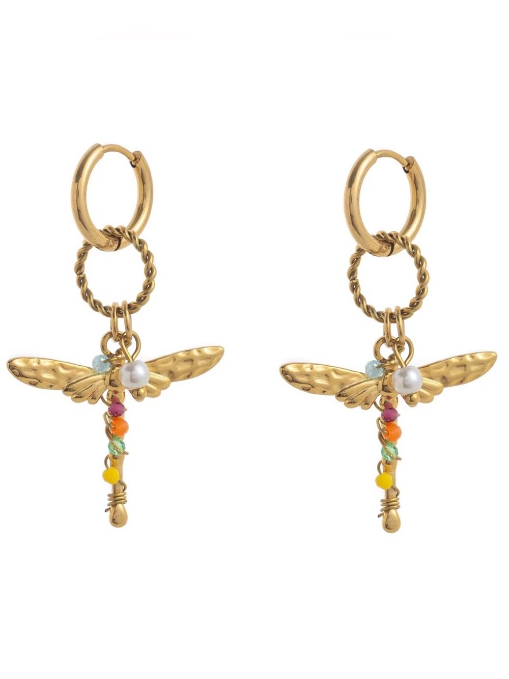 Gold Dragonfly Hoop Drop Earrings with Multicolor Beads